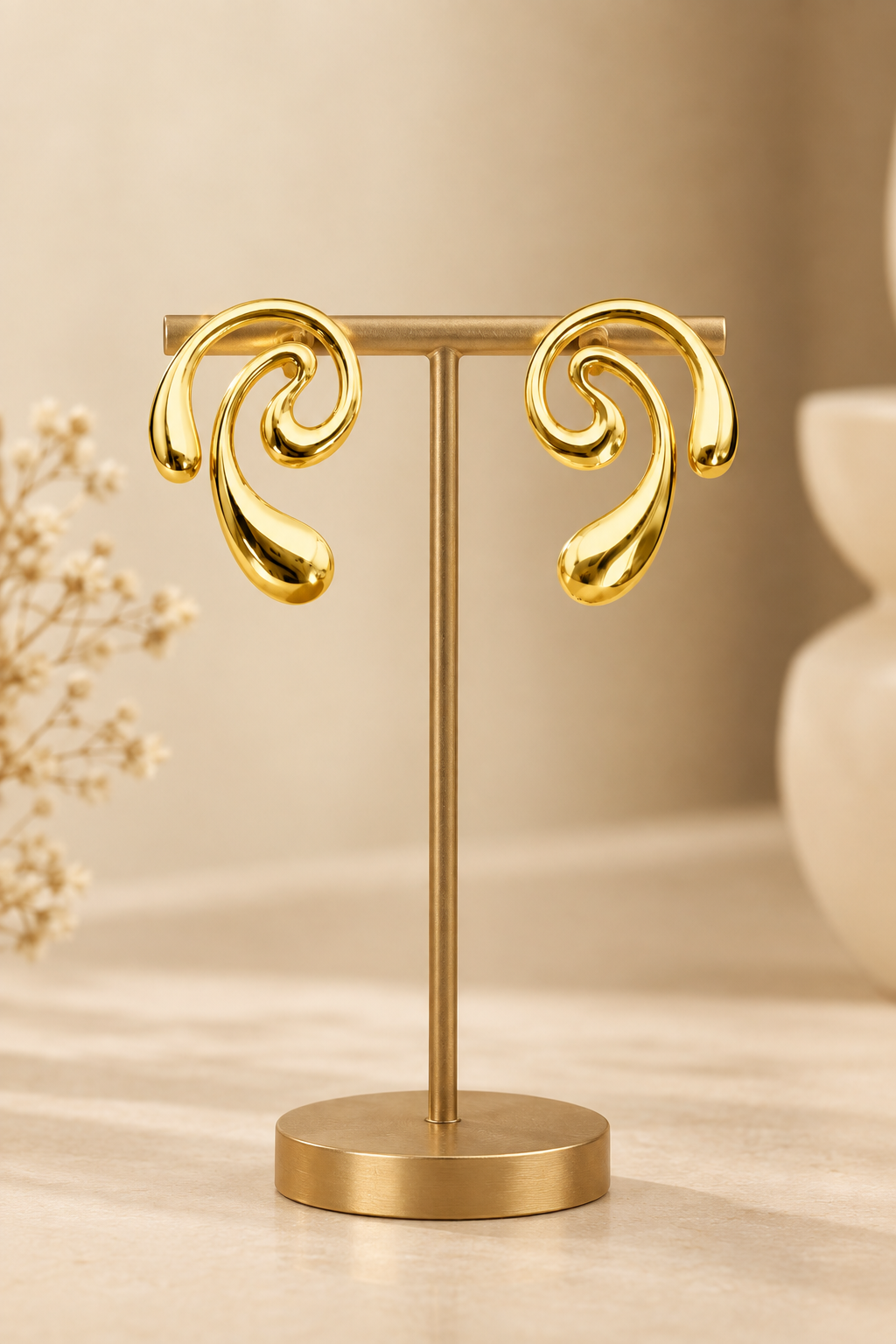 Spiral gold-tone swirl earrings on a gold T-bar stand against a warm beige backdrop