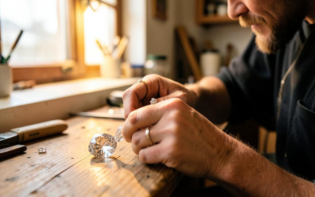 Jeweler's hands setting a piece at a wooden bench