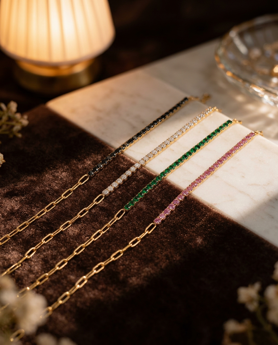 Black, clear, green and pink Seraphina tennis bracelets arranged on chocolate velvet and ivory marble